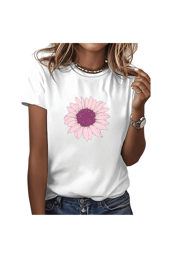 Women's Minimalist Pink Sunflower Graphic Short Sleeve T-Shirt Relaxed Fit Cotton Casual Summer Tee