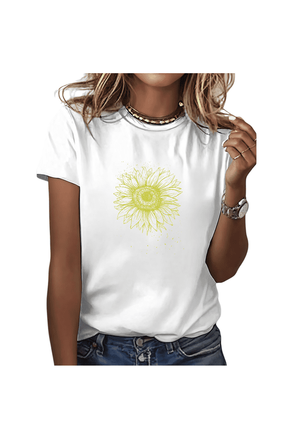 Women's Minimalist Sketch Sunflower Graphic Short Sleeve T-Shirt Relaxed Fit Cotton Casual Summer Tee