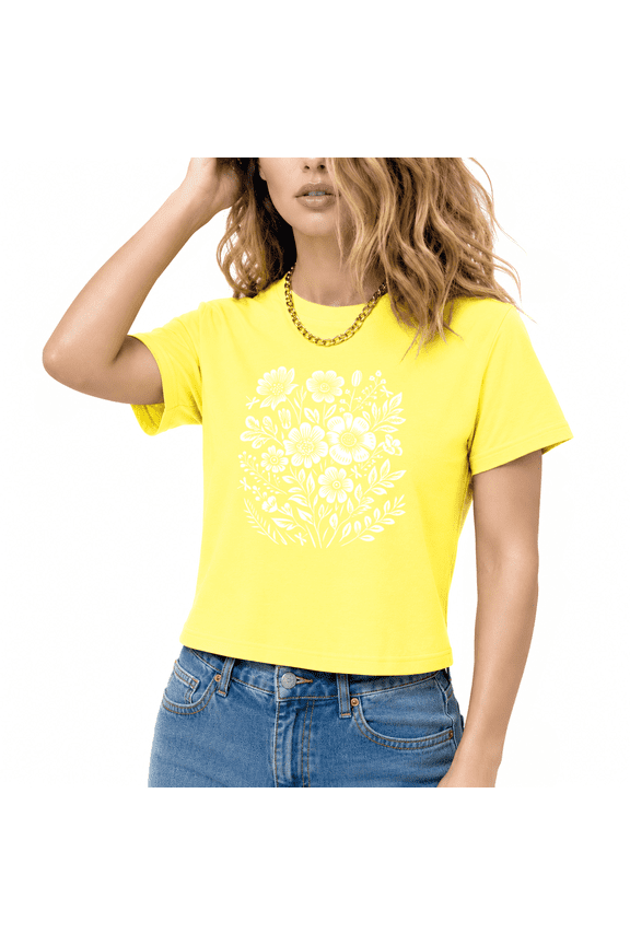 Women's Minimalist Wildflower Bouquet Graphic Cropped Short Sleeve T-Shirt Soft Everyday Cotton Tees Tops