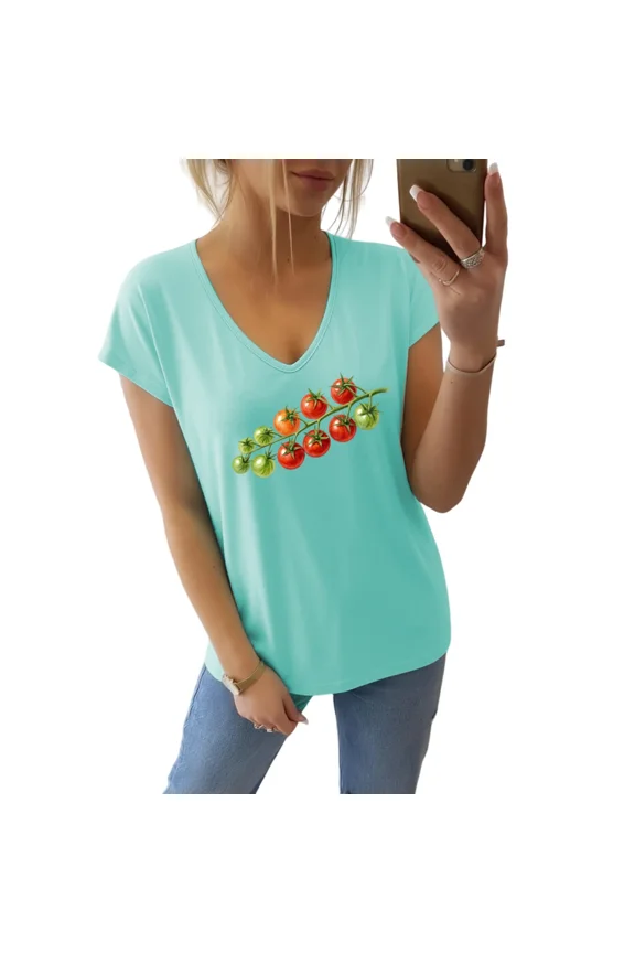 Women's Mixed Green Red Vine Cherry Tomato Art Print V-Neck Sleeveless T-Shirt Loose Casual Daily Tank Top for Summer Casual Shopping and Outdoor Leisure Time