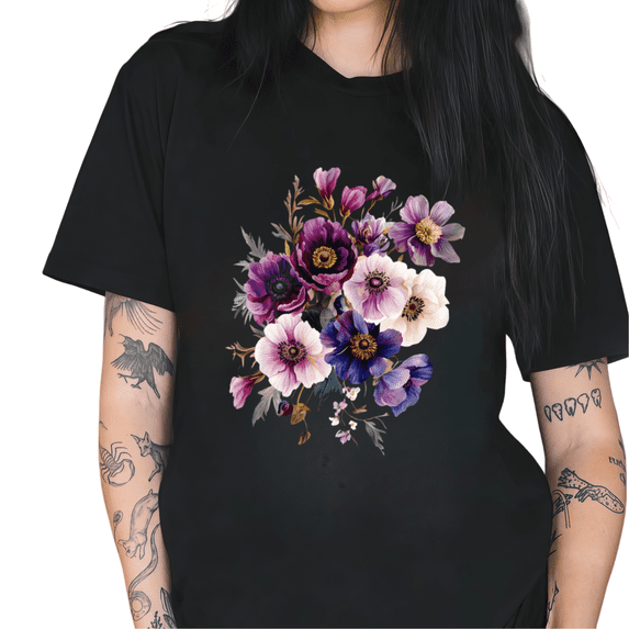 Cozymy Women's Moody Watercolor Purple Anemone Floral Bouquet Graphic Short Sleeve T-Shirt Soft Relaxed Botanical Top