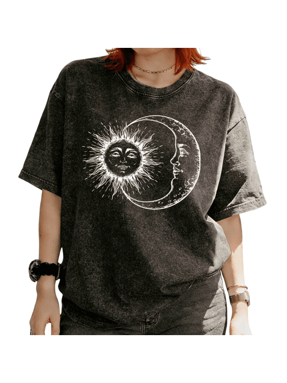 Women's Mystical Sun Moon Face Celestial Boho Retro Line Art Graphic Washed Short Sleeve T-Shirt Relaxed Fit Tees