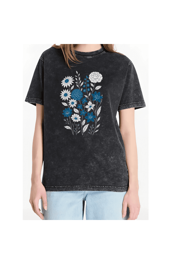 Women's Navy Blue And White Mixed Daisy Peony Wildflower Bouquet Botanical Graphic Vintage Washed Short Sleeve Top