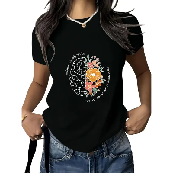 Cozymy Women's Neurodiversity Floral Brain Quote Short Sleeve T-Shirt Relaxed Fit Cotton Crewneck Top