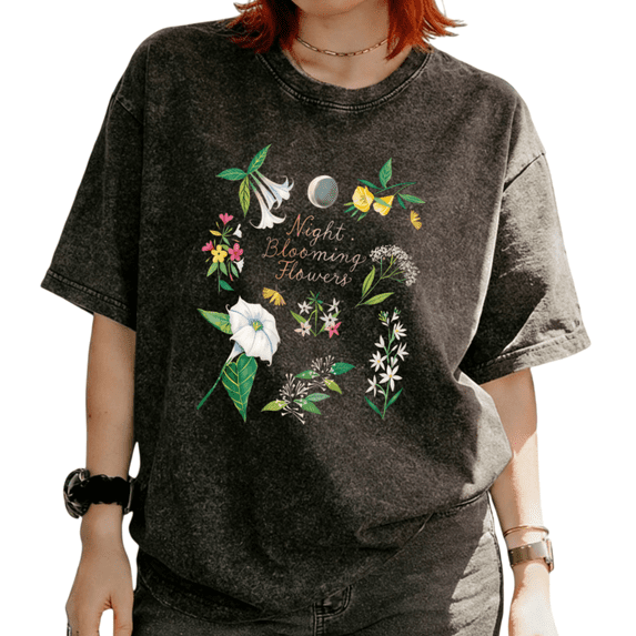Cozymy Women's Night Blooming Flowers Botanical Floral Moon Graphic Washed Short Sleeve T-Shirt Relaxed Fit Tees