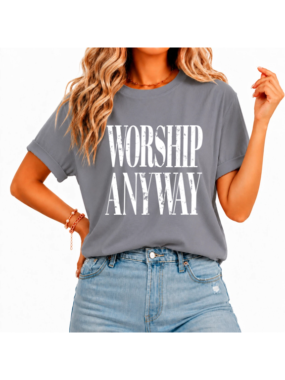 Women's Off White Distressed Worn Tall Slab Serif Worship Faith Inspirational Block Text Graphic Short Sleeve T-Shirt