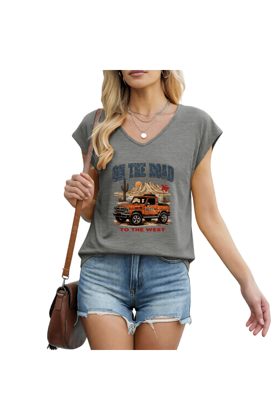 Women's On The Road To The West Off-Road Truck Desert Graphic V-Neck Sleeveless T-Shirt Western Style