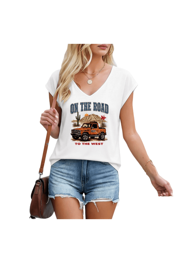 Women's On The Road To The West Off-Road Truck Desert Graphic V-Neck Sleeveless T-Shirt Western Style