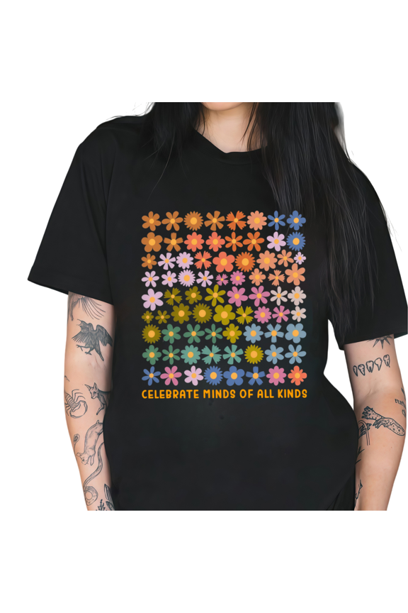 Women's Orange Celebrate Minds of All Kinds Awareness Floral Grid Graphic Short Sleeve Crew Neck T-Shirt Casual Top