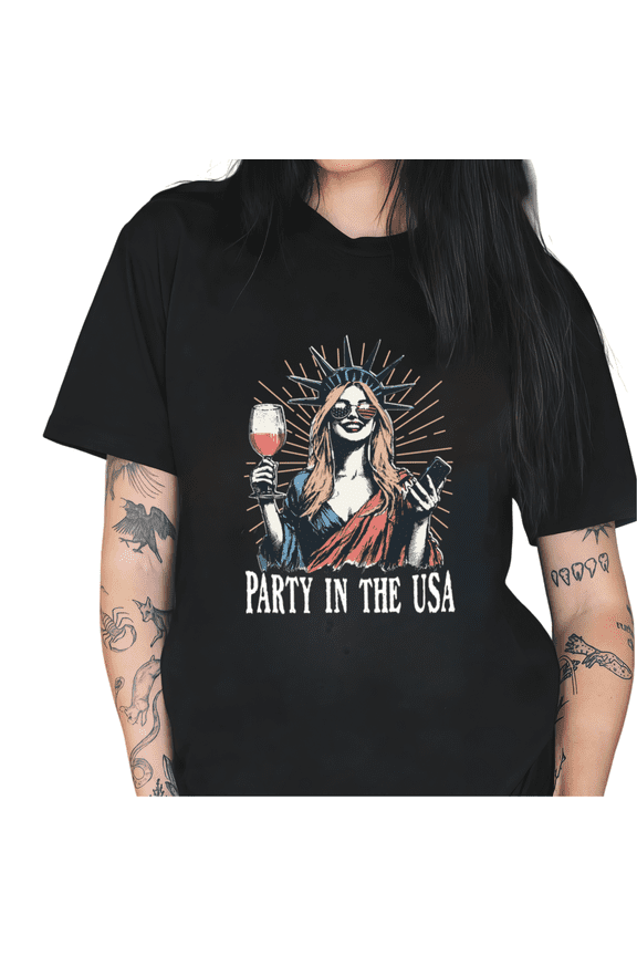 Women's "Party In The USA" Funny Lady Liberty Graphic Crewneck Short Sleeve T-Shirt Fourth Of July Tee