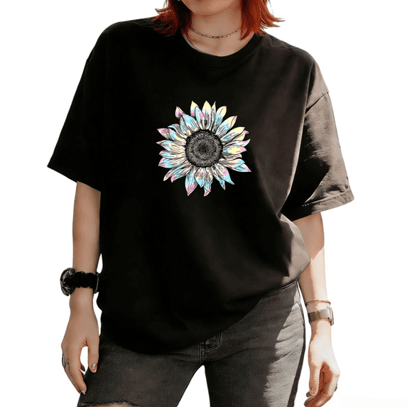 Cozymy Women's Pastel Tie Dye Sunflower Floral Graphic Short Sleeve T-Shirt Soft Breathable Tees Tops