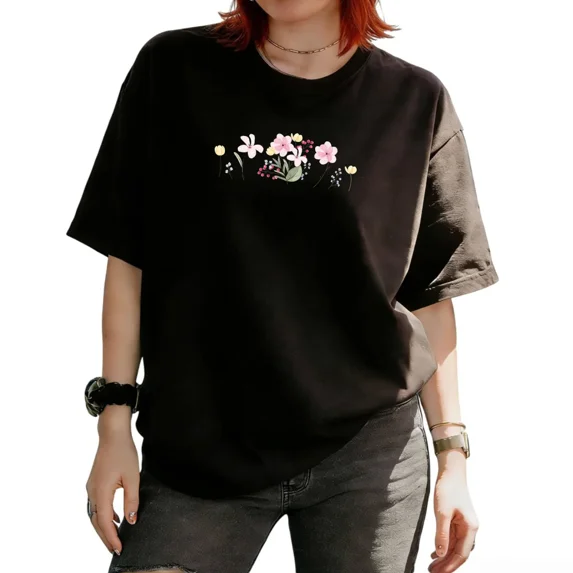Cozymy Women's Pastel Wildflower Sprig Delicate Floral Botanical Graphic Short Sleeve T‑Shirt Spring Boho Inspired Tees