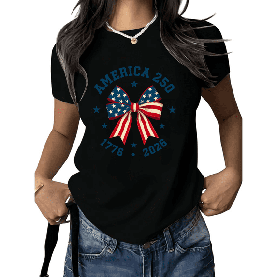 Cozymy Women's Patriotic America 250 Flag Bow Graphic Short Sleeve T-Shirt 1776 2026 Cotton Crewneck Loose Fit Casual Tops