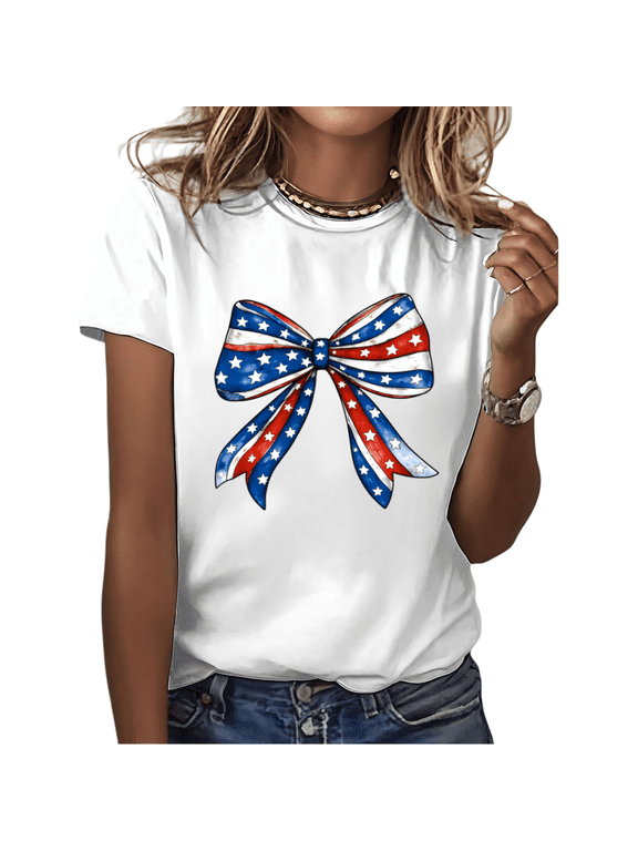 Women's Patriotic American Flag Bow Watercolor Graphic Short Sleeve Crew Neck T-Shirt