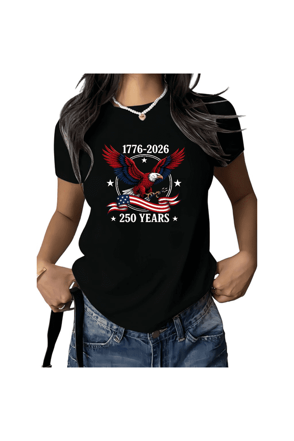 Women's Patriotic Eagle Graphic Short Sleeve T-Shirt 250 Years Flag Design Cotton Crewneck Loose Fit Casual Statement Tops