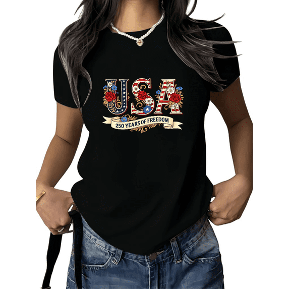 Cozymy Women's Patriotic Floral USA Graphic Short Sleeve T-Shirt 250 Years Freedom Print Cotton Crewneck Loose Fit Casual Elegant Tops