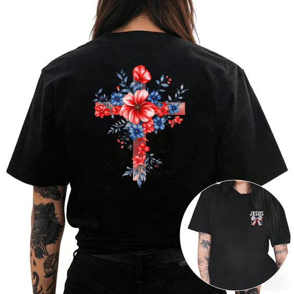 Cozymy Women's Patriotic Red White Blue Floral Cross Jesus Front and Back Print Graphic Short Sleeve Crew Neck T-Shirt