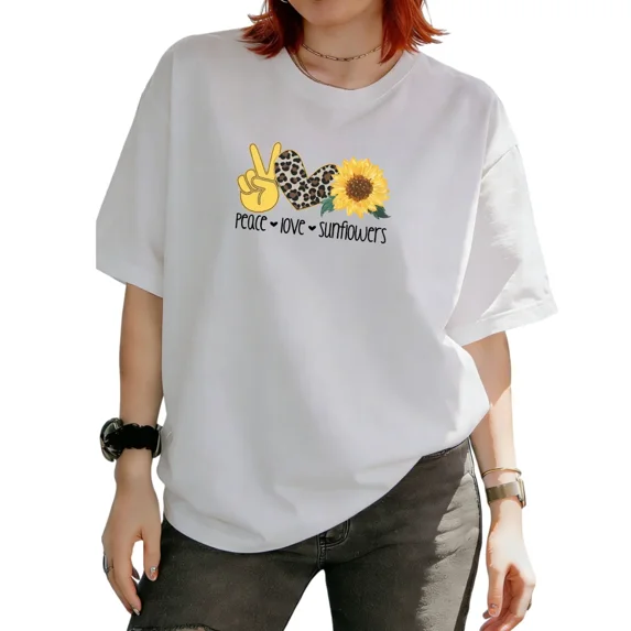 Cozymy Women's Peace Love Sunflowers Leopard Heart Peace Sign Graphic Short Sleeve T‑Shirt Western Boho Country Tees