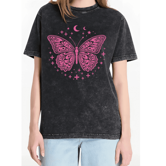 Cozymy Women's Pink Butterfly Moon Star Vintage Washed Short Sleeve T-Shirt Boho Mystical Graphic Relaxed Fit Cotton Tee