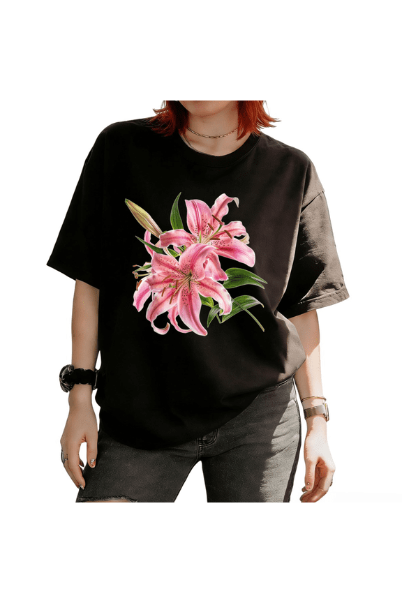 Women's Pink Lily Flower Bouquet Graphic Short Sleeve T-Shirt Floral Botanical Inspired Fashion and Breathable Tee