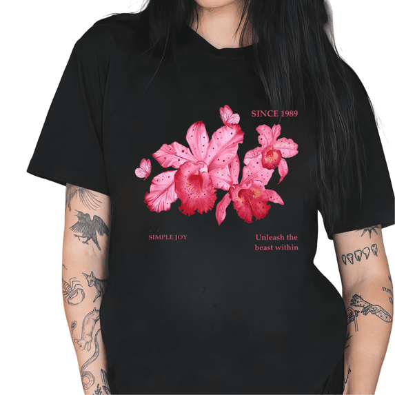 Cozymy Women's Pink Orchid Floral Graphic Short Sleeve T-Shirt "Simple Joy" Quote 1989 Vintage Cotton Crewneck Top
