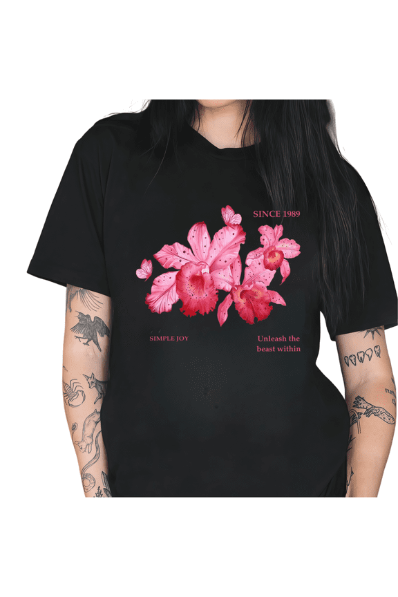 Women's Pink Orchid Floral Graphic Short Sleeve T-Shirt "Simple Joy" Quote 1989 Vintage Cotton Crewneck Top