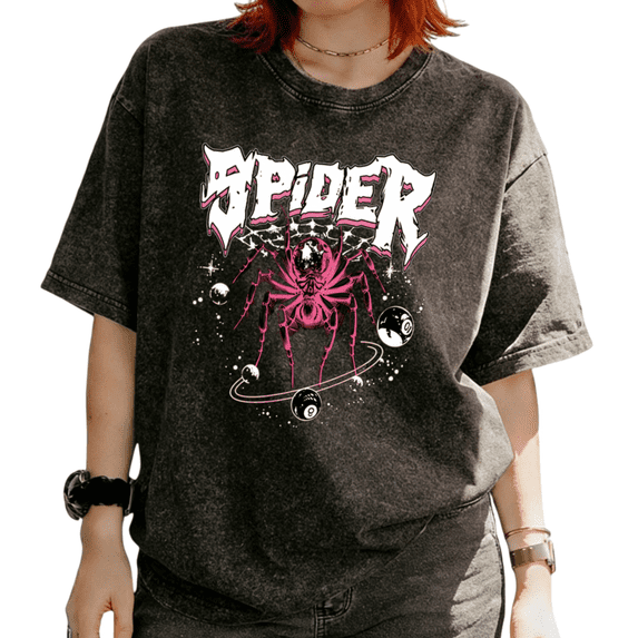 Cozymy Women's Pink Spider 8 Ball Gothic Graphic Washed Short Sleeve T-Shirt Casual Crew Neck Edgy Streetwear Tees Tops