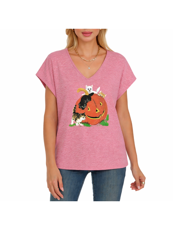 Women's Pumpkin Lantern Kitten Graphic Top V-Neck Fashion Tee