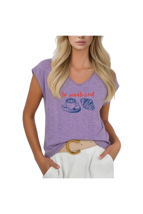 Women's Purple Le Weekend Coffee Croissant Graphic V-Neck Sleeveless T-Shirt Summer Top