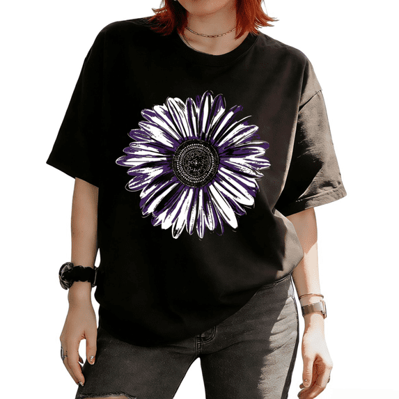 Cozymy Women's Purple Sunflower Aesthetic Floral Botanical Graphic Short Sleeve T-Shirt Trendy Casual