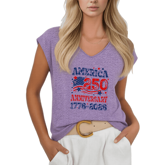 Cozymy Women's Purple USA Independence 250 V-Neck Sleeveless Tank Top Patriotic Cotton Tee