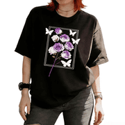 Cozymy Womens Purple White Rose Butterfly Minimal Floral Aesthetic Graphic Short Sleeve T-Shirt Timeless Versatile Tees