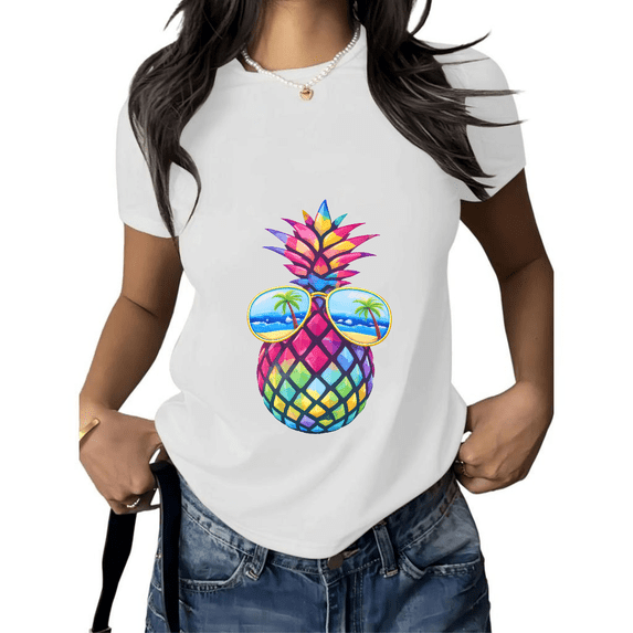 Cozymy Women's Rainbow Pineapple Sunglasses Graphic Short Sleeve Crewneck T-Shirt Casual Cotton Tee