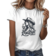 Cozymy Women's "Raisin' Hell" Western Cowgirl Drinking Graphic Crewneck Short Sleeve T-Shirt Funny Country Tee