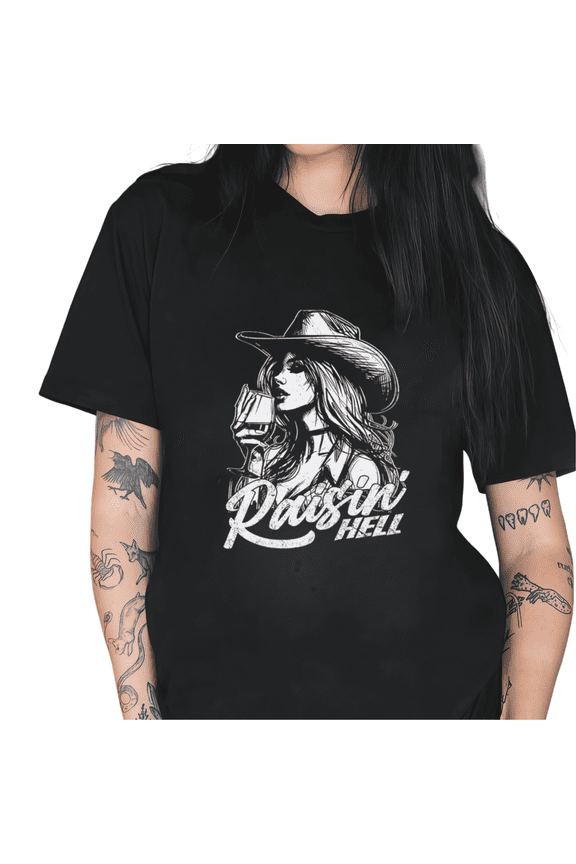 Women's "Raisin' Hell" Western Cowgirl Drinking Graphic Crewneck Short Sleeve T-Shirt Funny Country Tee