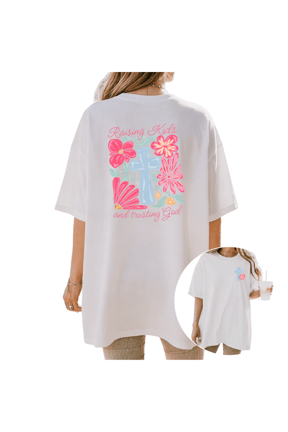 Women's Raising Kids and Trusting God Floral Cross Graphic Short Sleeve T-Shirt Casual Cotton Crewneck Oversized Mom Faith Tee