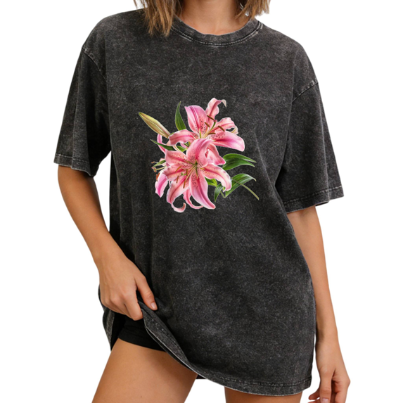 Cozymy Women's Realistic Pink Stargazer Lily Floral Bouquet Graphic Vintage Washed T-Shirt Crew Neck Short Sleeve Drop Shoulder Oversized Relaxed Fit Distressed Cotton Casual Everyday Basic Tee