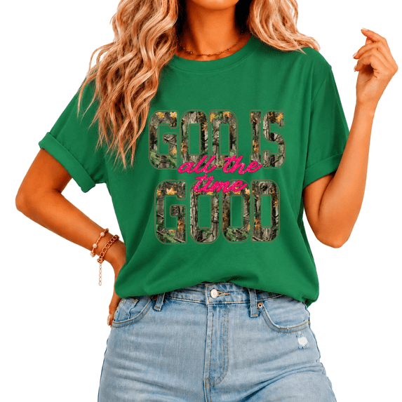 Cozymy Women's Realtree Camo Glitter Script Faith Lettering Graphic Short Sleeve T-Shirt Relaxed Fit Outdoor Country Religious Tees