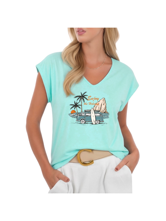 Women's Retro Beach Van Holiday V-Neck Sleeveless T-Shirt Enjoy the Summer Casual Tank Top
