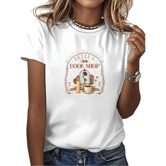 Cozymy Women's Retro Belle's Book Shop Tale As Old As Time Graphic Short Sleeve T-Shirt