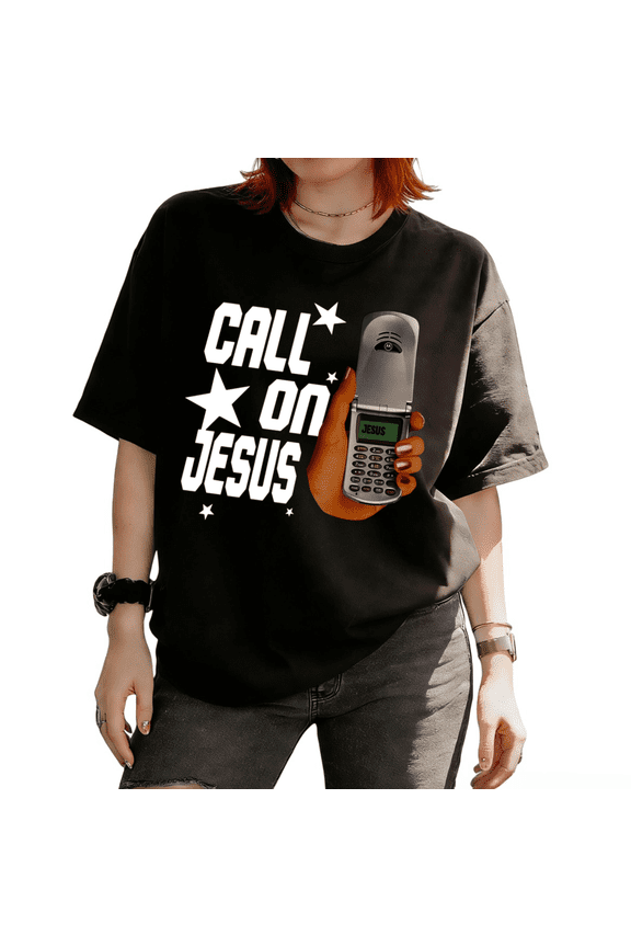 Women's Retro Flip Phone "Call on Jesus" Graphic Short Sleeve T-Shirt Casual Christian Faith Inspired Tees Tops