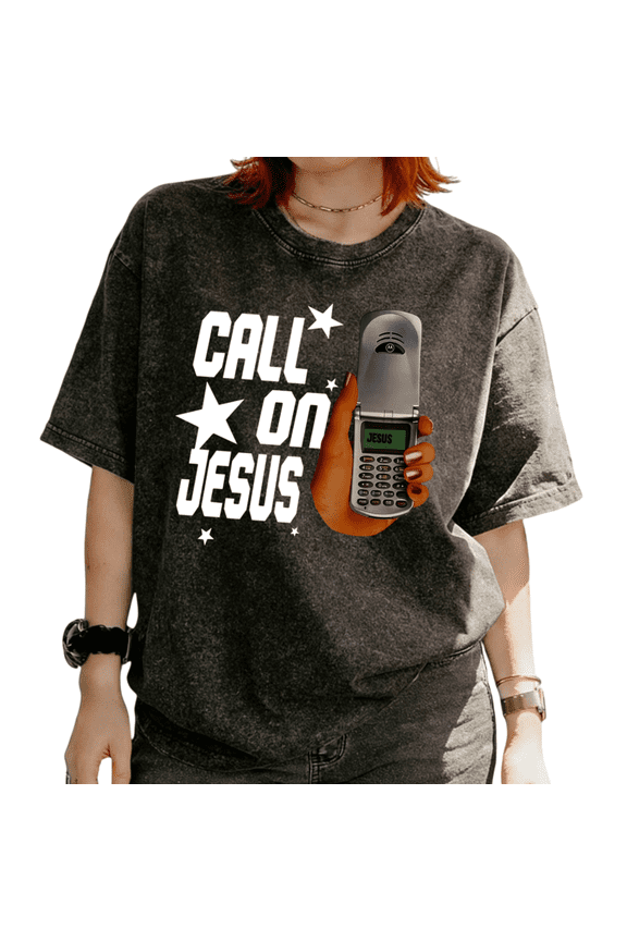 Women's Retro Flip Phone "Call on Jesus" Graphic Short Sleeve T-Shirt Washed Christian Faith Inspired Tees Tops