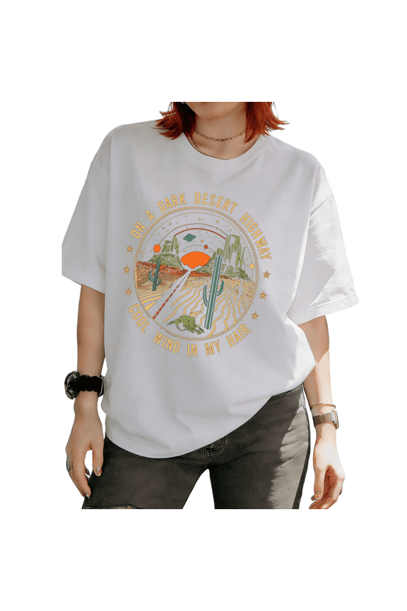 Women's Retro "On A Dark Desert Highway" Desert Graphic T-Shirt Cool Wind Lyrics Short Sleeve Crew Neck Tees