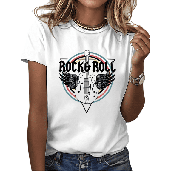 Cozymy Women's Retro Rock & Roll Guitar with Wings Graphic Short Sleeve T-Shirt Vintage Music Lover Cotton Crewneck Top
