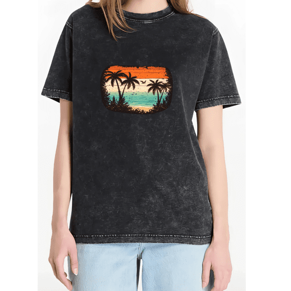 Cozymy Women's Retro Sunset Beach Palm Tree Vintage Washed Short Sleeve T-Shirt Summer Vacation Graphic Crewneck Top