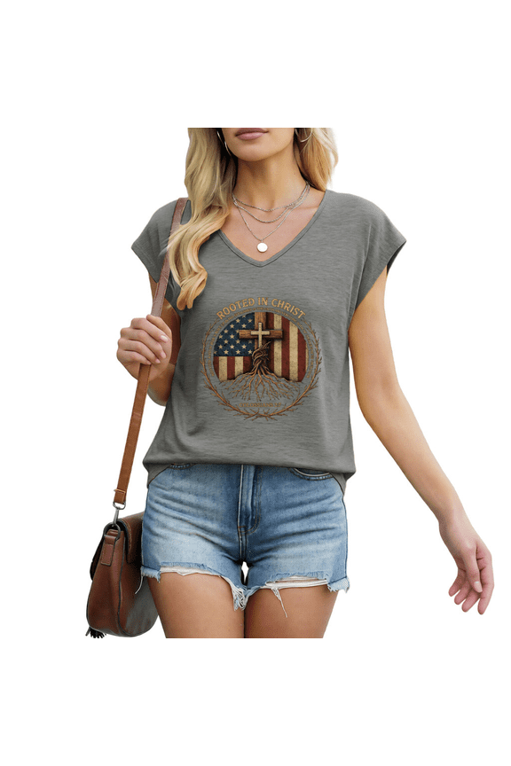 Women's "Rooted In Christ" American Flag Cross Graphic V-Neck Sleeveless Tank Top Christian Patriotic Tees