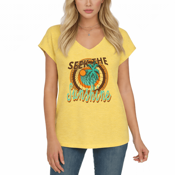 Cozymy Women's Seek The Sunshine Retro Palm Sun Graphic V-Neck Short Sleeve Summer Casual T-Shirt