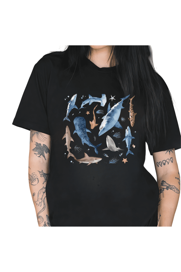 Women's Shark Collage Ocean Life Marine Biology Graphic Short Sleeve Casual Cotton T-Shirt S-5XL