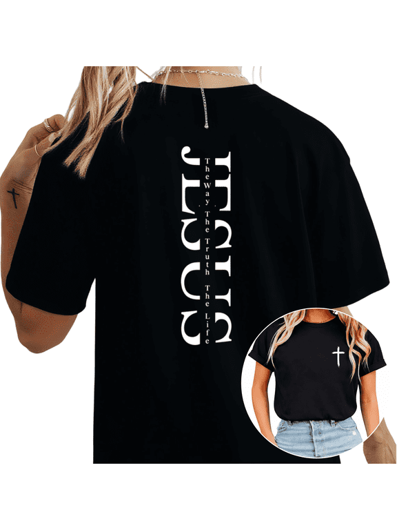 Women's Simple Sketch Cross Graphic Short Sleeve T-Shirt Casual Crew Neck Christian Minimalist Tops