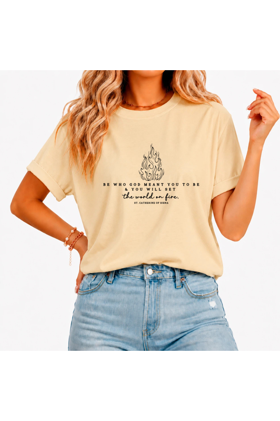 Women's Single Line Sketch Flame Mix Serif Cursive Saint Faith Inspirational Quote Graphic Short Sleeve T-Shirt